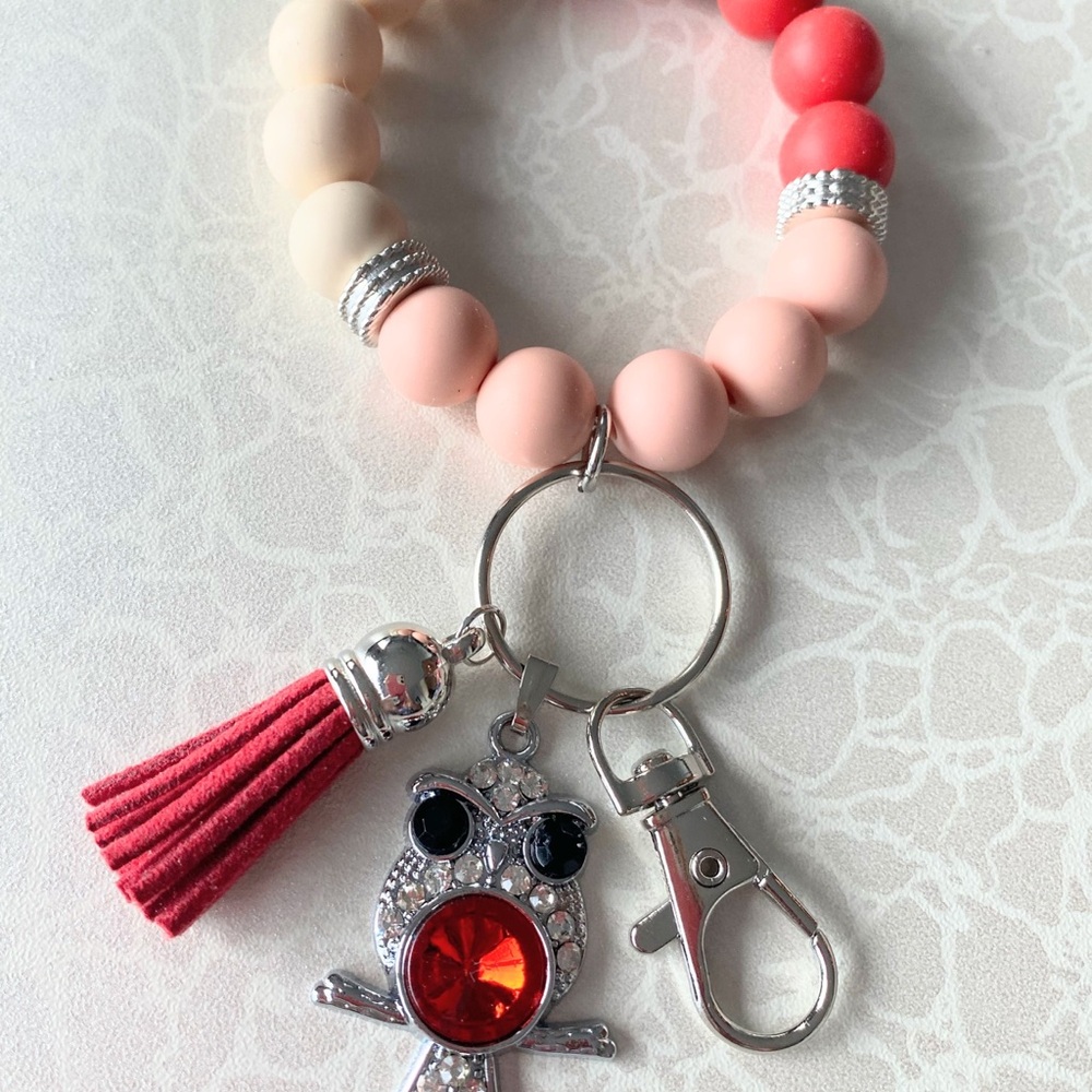 Chic Pink and Red Beaded Keychain wristlet bracelet with Tassel